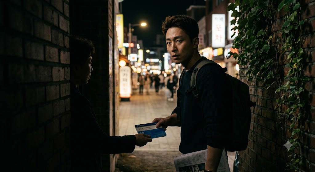 돈을 받고 자신의 통장을 보이스피싱 범죄단에 넘기는 남자, 불안하게 주위를 살펴보는 모습