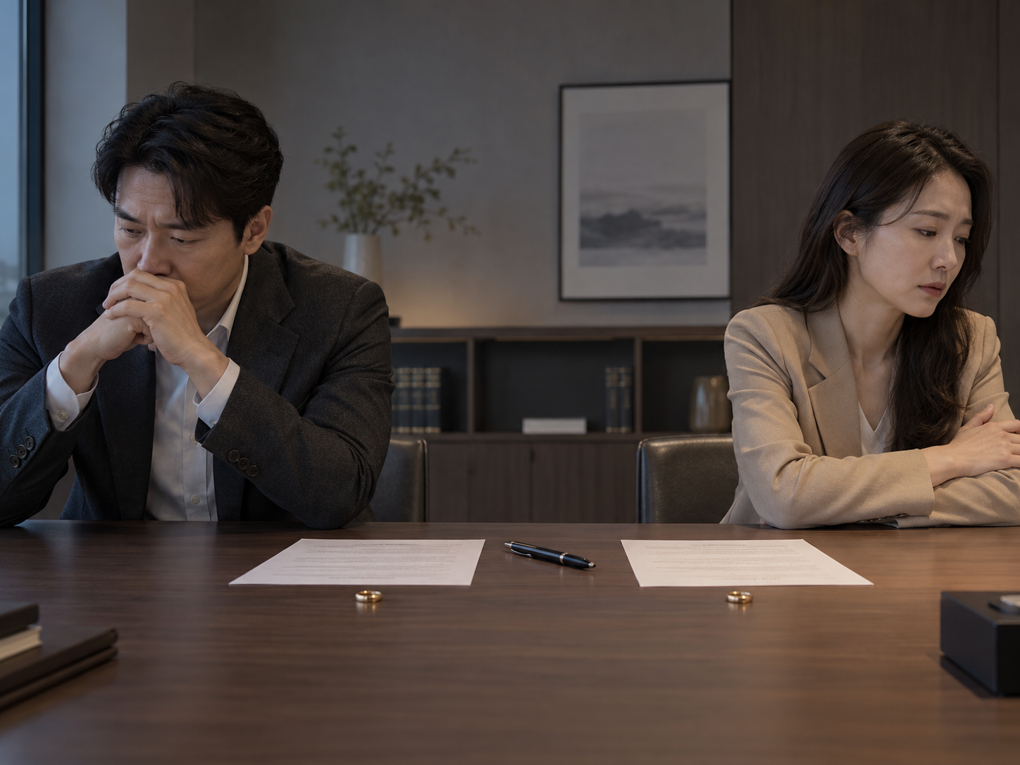 청주이혼전문변호사와 상담이 필요한 두 부부의 모습, 이혼 중 서로 의견이 맞지 않아 결국 청주이혼변호사를 통해 이혼을 준비하는 경우가 많습니다.